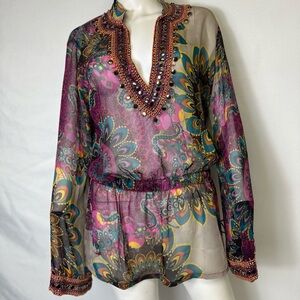 Monique Leshman Silk Floral Peacock Colorful Beaded Tunic Blouse Top Size L